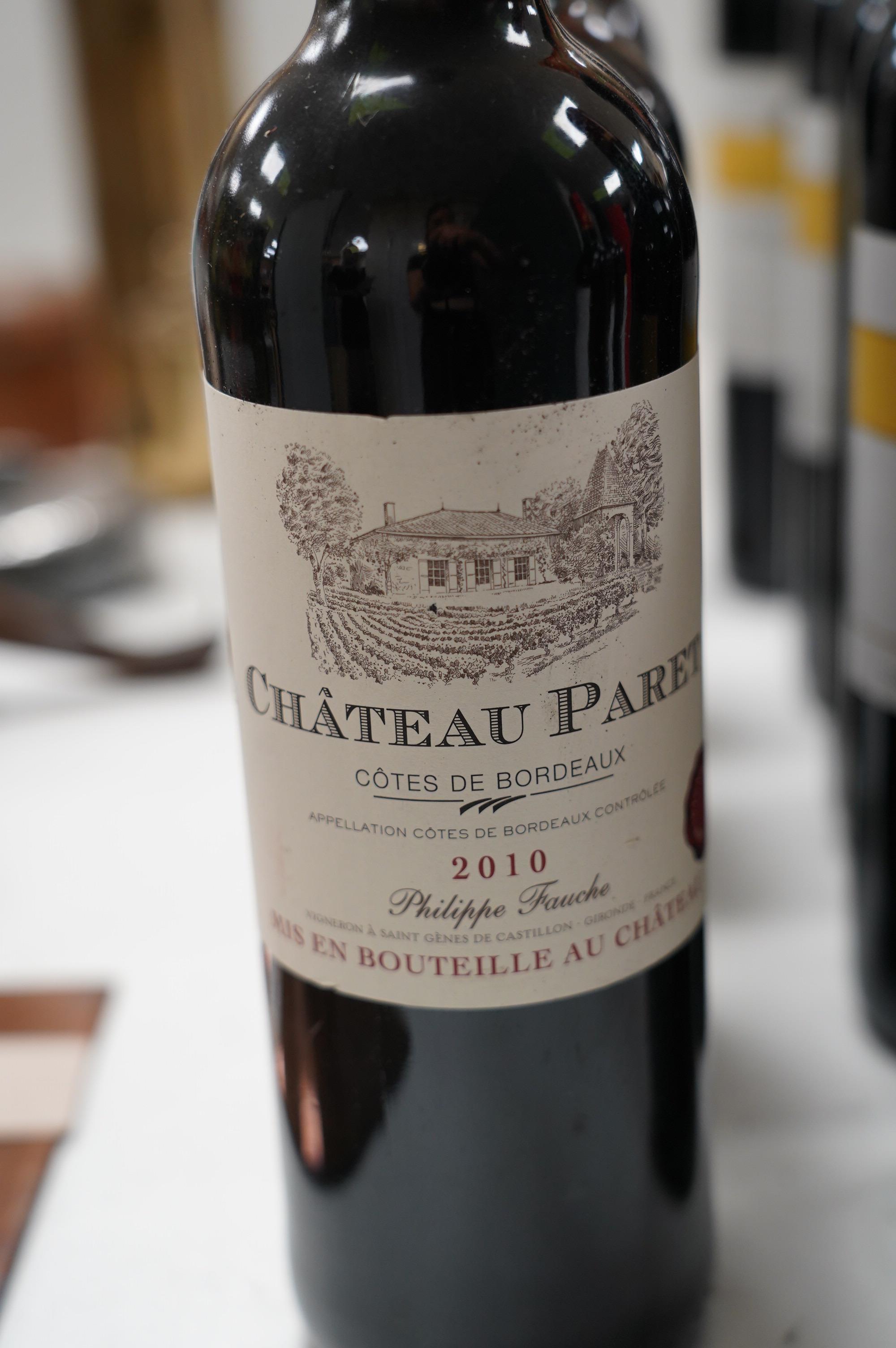 Twelve bottles of wine: Haut Medoc 2012 (x8), Chateau Jaut-Bardin Bordeaux 215 (x2), Claret Bordeaux (x1) and Chateau Paret 2010 (x1). Condition - appears good